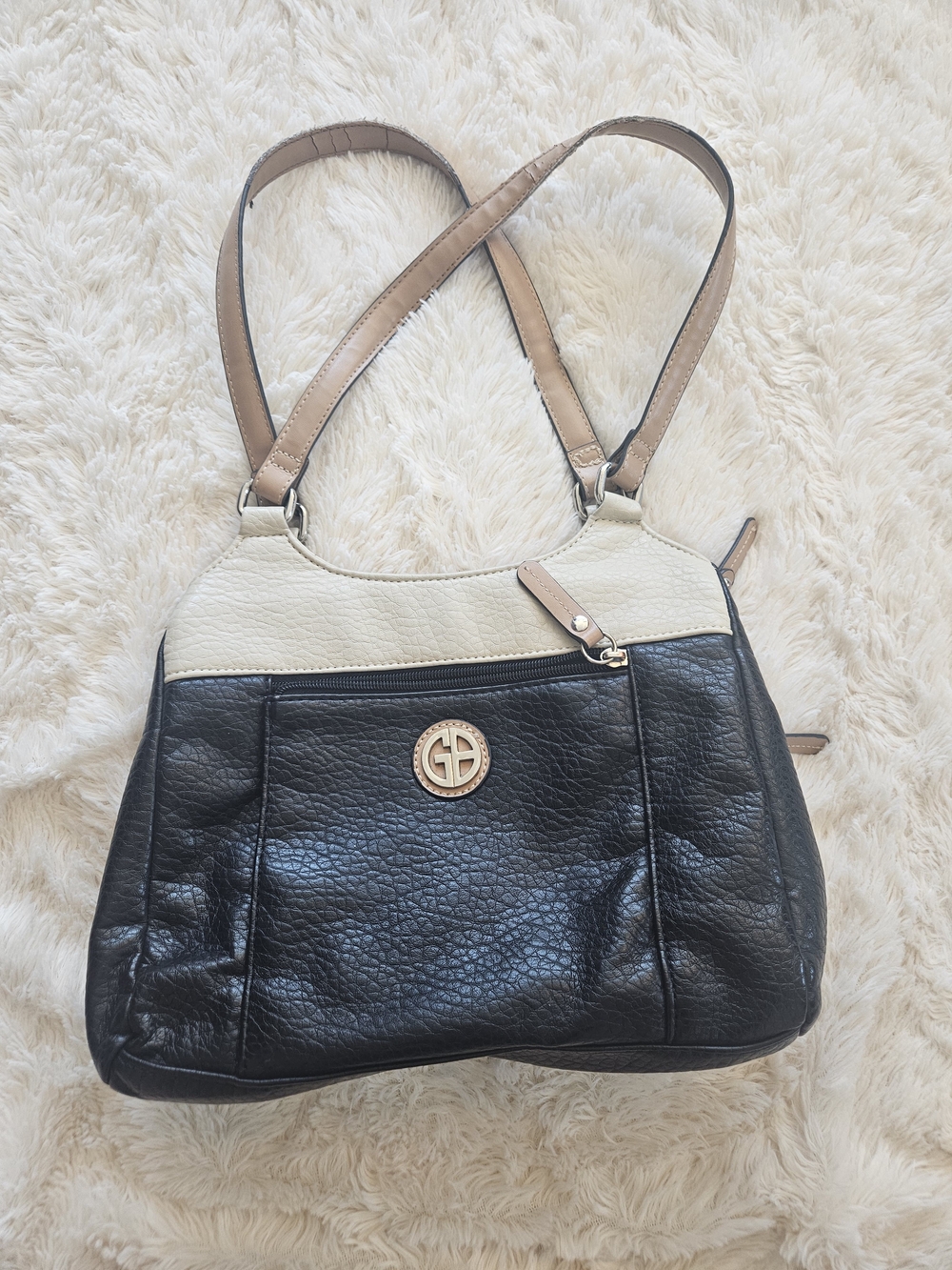 Giani Bernini Black & Cream Pebbled Tote Shoulder Bag Classic GB Logo Hardware